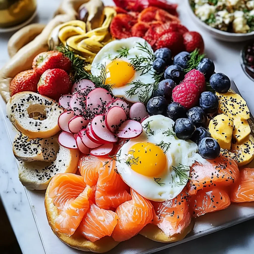 Easy Bagel Bar Brunch with Eggs, Salmon, Fruit & Sweets Recipe