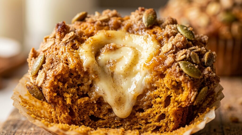 Bakery style pumpkin cream cheese muffins with pepita streusel and molten cream cheese filling