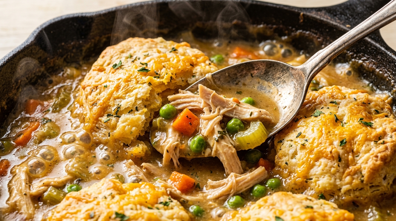 Ultra close-up macro food photography of cozy chicken pot pie with golden cheddar herb biscuits and bubbling gravy