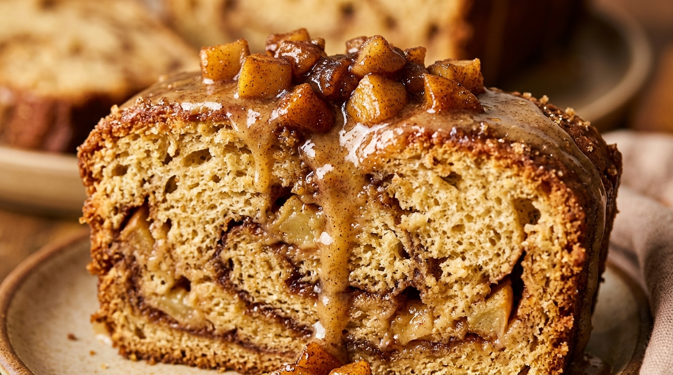 Ultra close-up macro food photography of cinnamon swirl apple bread slice with brown butter glaze