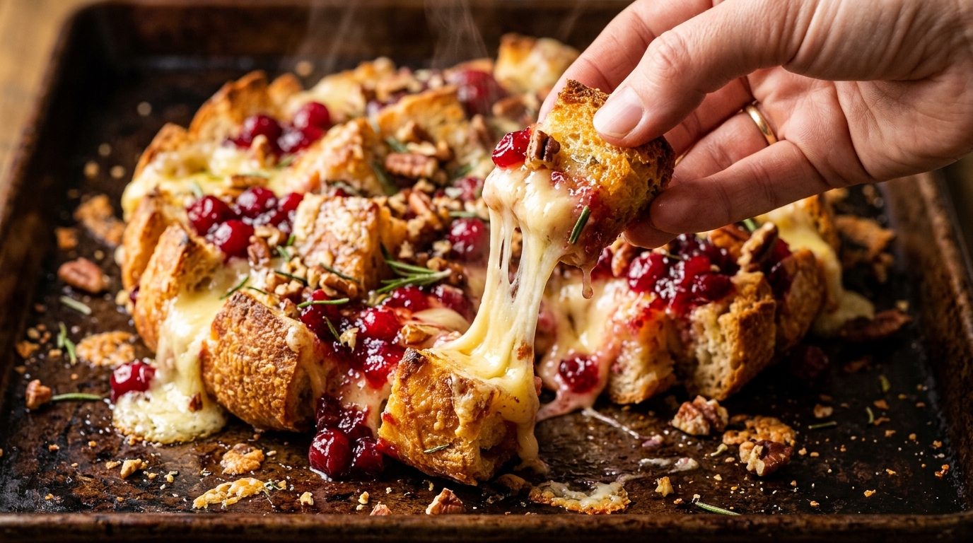 Ultra close-up macro food photography of warm cranberry brie pull-apart bread with dramatic molten cheese pull