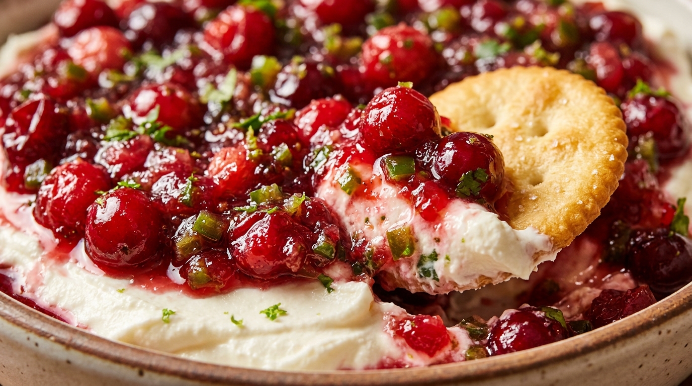 Ultra close-up macro food photography of creamy festive cranberry jalapeño dip over whipped cream cheese with cracker scoop