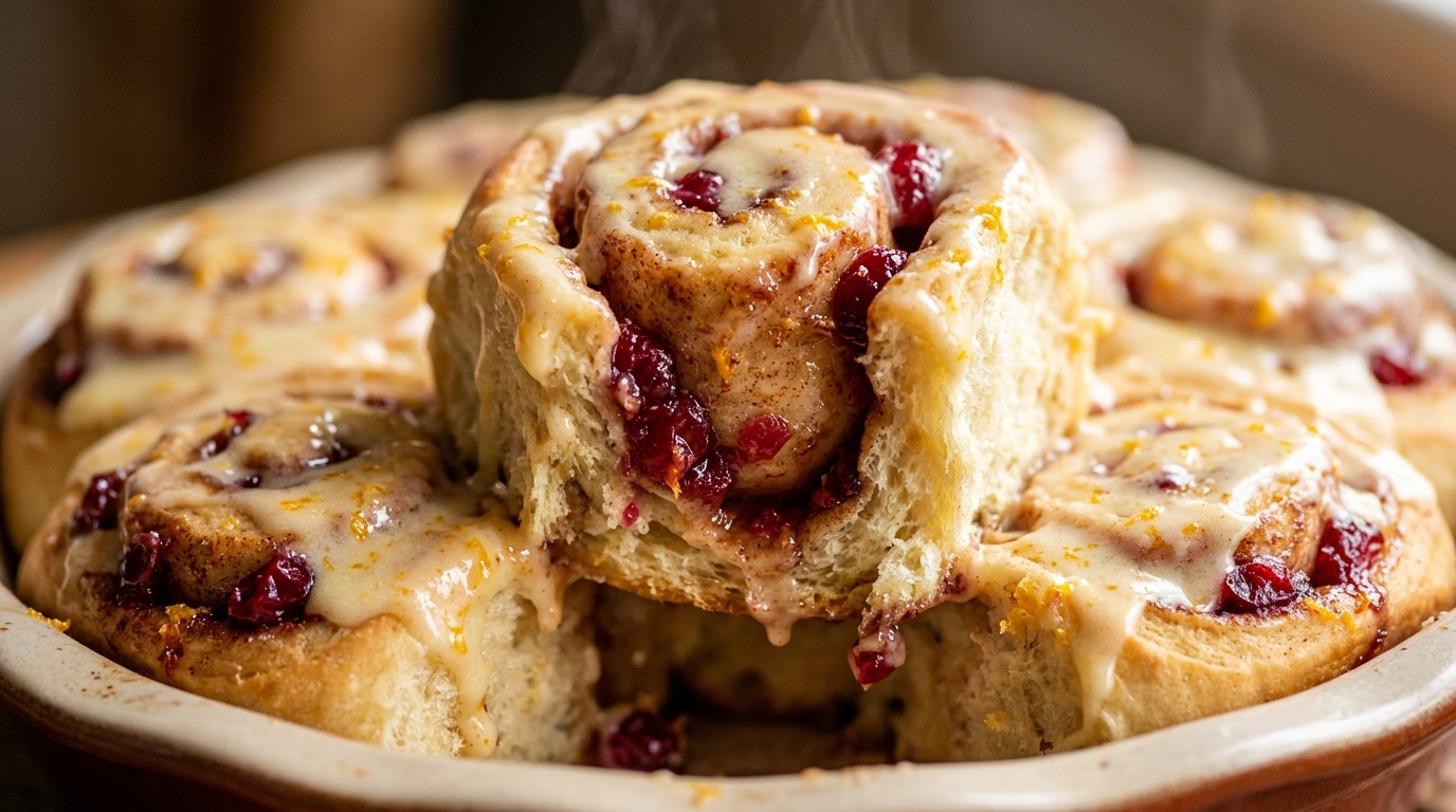 Ultra close-up macro food photography of fluffy cranberry orange sweet rolls with melting orange cream cheese glaze