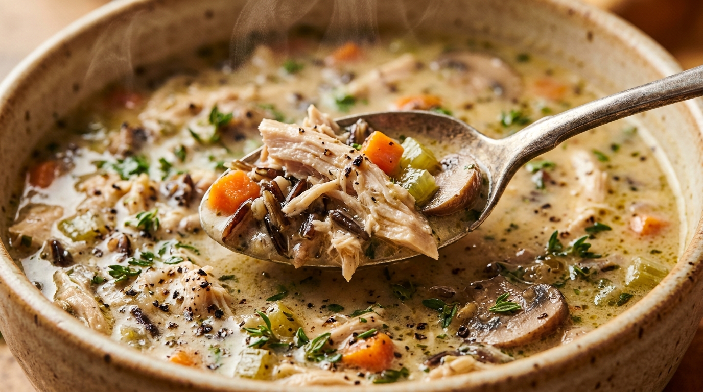 Ultra close-up macro food photography of creamy chicken and wild rice soup with shredded chicken, wild rice, carrots, and mushrooms