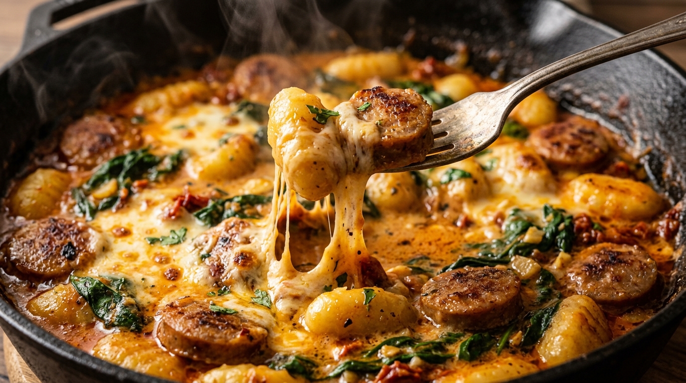 Ultra close-up macro food photography of creamy Tuscan chicken sausage and gnocchi in cast iron skillet with cheese pull