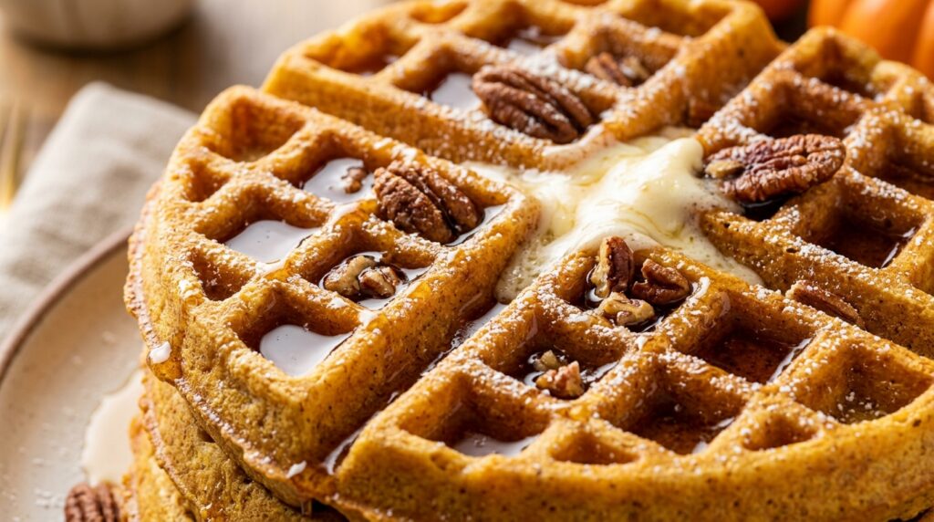 Golden crispy pumpkin spice Belgian waffles with melting butter, maple syrup and toasted pecans