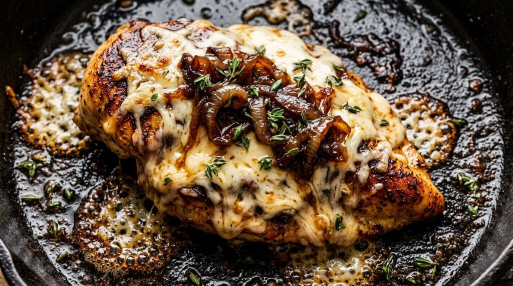 Golden seared french onion chicken breast with melted bubbling gruyere cheese and sweet caramelized onions