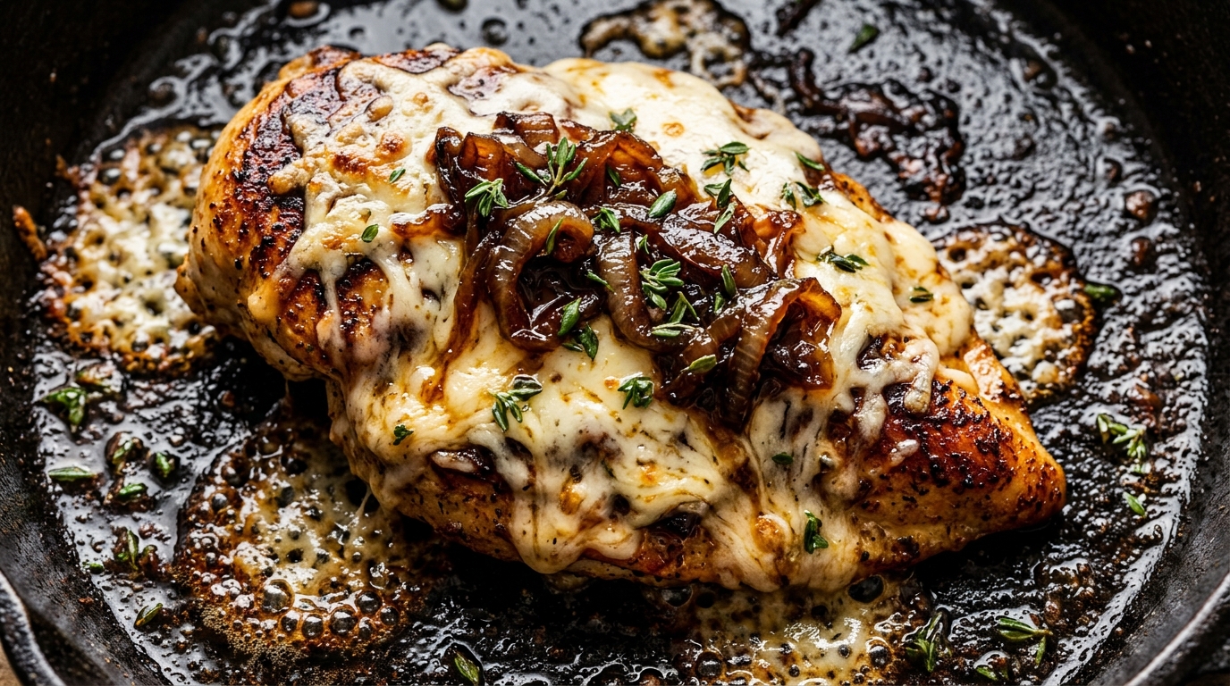 Ultra close-up macro food photography of one-pan french onion chicken skillet with melted bubbling gruyere cheese