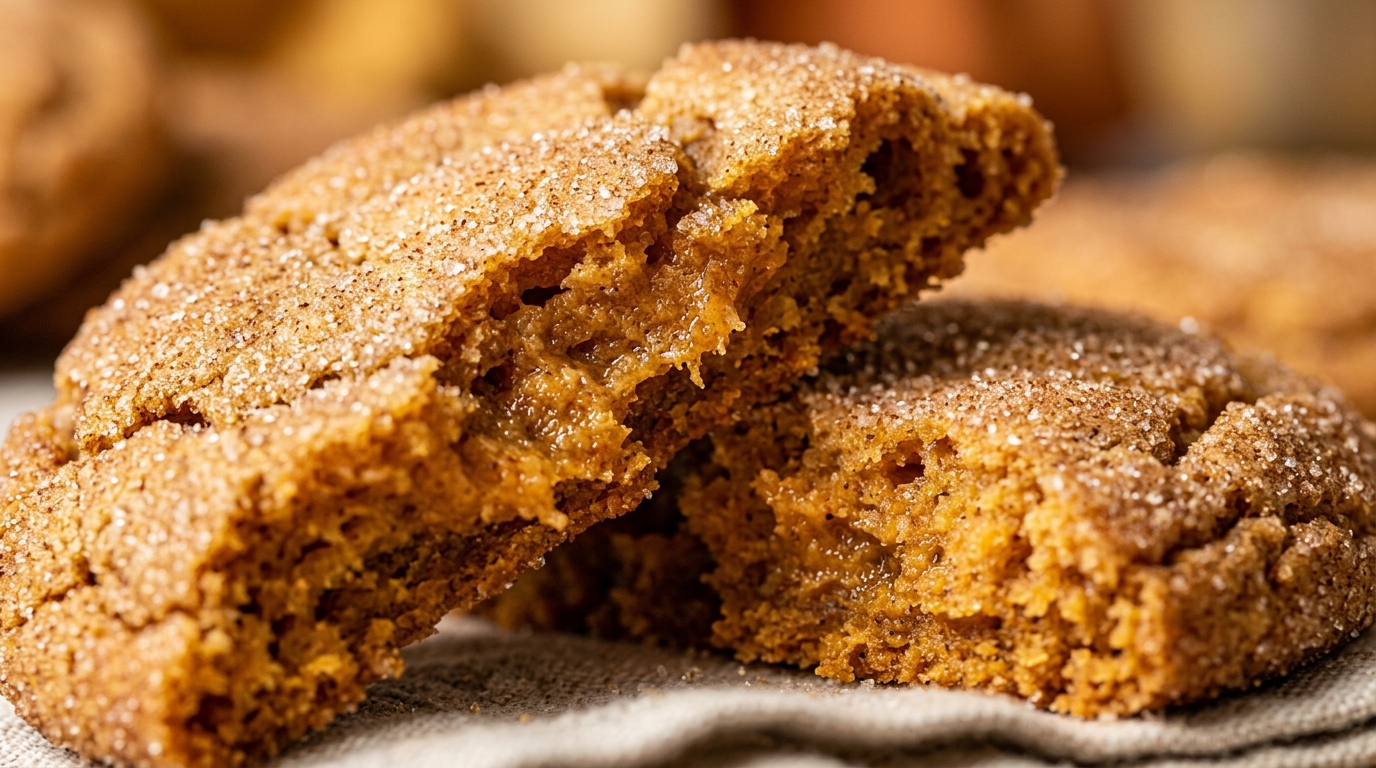 Ultra close-up macro food photography of a chewy brown butter pumpkin snickerdoodle broken in half showing a fudgy spiced center