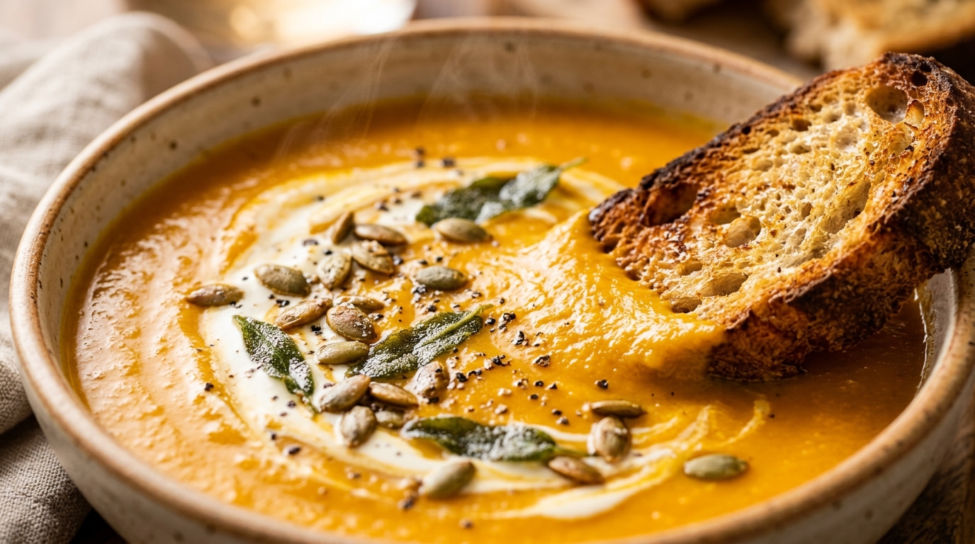 Ultra close-up macro food photography of creamy roasted butternut squash soup with cream swirl and crusty dipping sourdough
