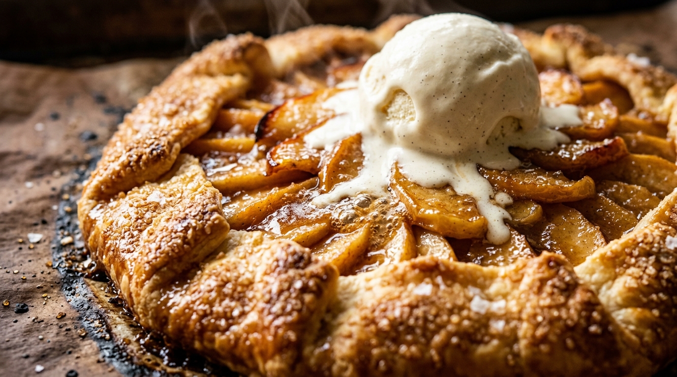 Ultra close-up macro food photography of rustic salted caramel apple galette with bubbling caramel and flaky pastry