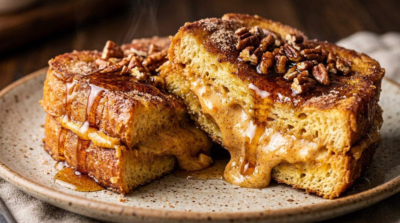 Ultra close-up macro food photography of stuffed pumpkin cream cheese French toast cut in half with warm maple syrup